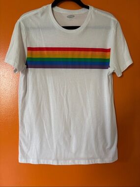 Old Navy White Short Sleeve Tee with Rainbow Stripe